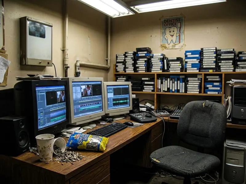 The 2003 edit bay: CRT monitors, a rough cut on screen, a cup of sunflower seed shells