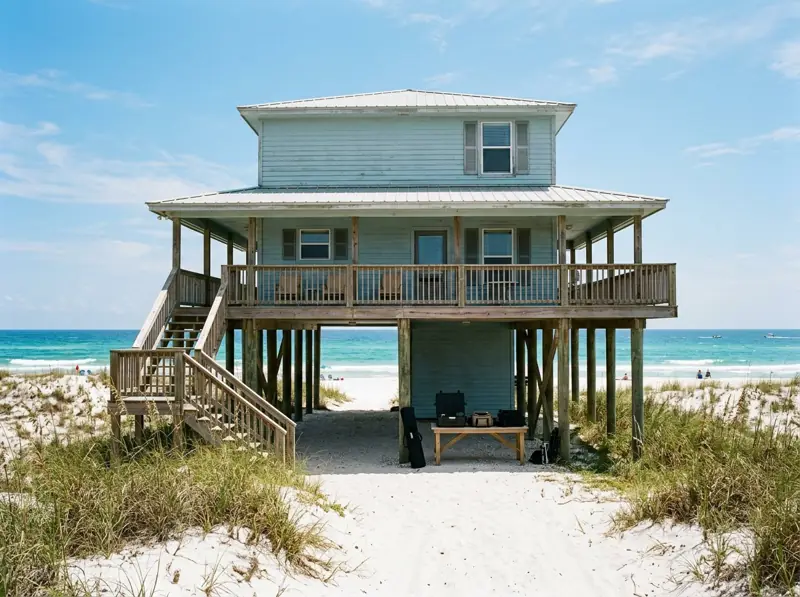 A beach house on stilts above white dunes on the Gulf